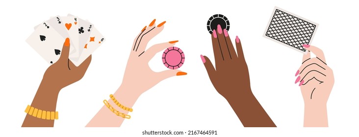 Set with women's hand holding playing cards, chips, tokens.
Gambling, betting, casino and poker concept. Cool design.
Hand drawn vector illustration in trendy colors. Colorful flat design.