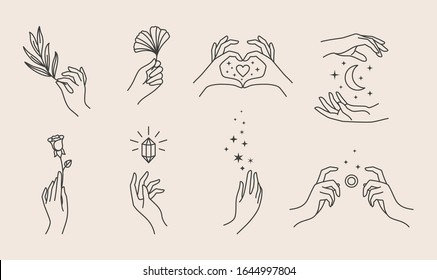 Набор женских логотипов для рук в минималистичном линейном стиле. Векторный дизайн шаблонов знаков или эмблем в различных жестах. Для косметики, студии, тату, спа, маникюра, упаковки косметических средств