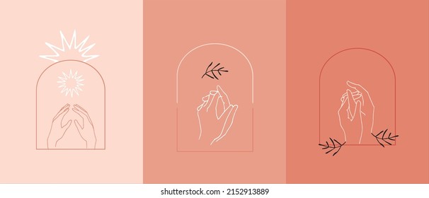 Set of women's hand logos in a minimalistic linear style. Vector logo design templates. For cosmetics, beauty, spa, manicure, jewelry store.