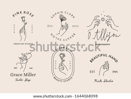 A set of women's hand logos in a minimalistic linear style. Vector design of sign templates or emblems in various gestures. For photographer, beauty Studio, Spa, tailor shop,embroidery, nail Studio