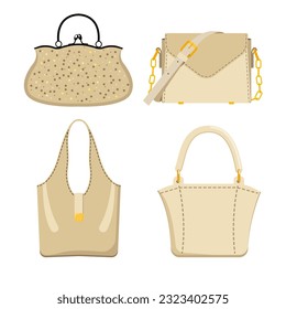 A set of women's handbags in beige colors. Flat style.