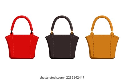 A set of women's handbags in different colors. Red, black and brown bags. Flat style.