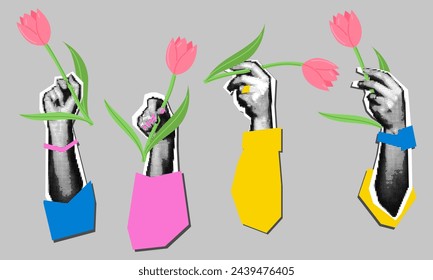 A set of women's hands with flowers. Highlighted elegant female hands . Happy International Women's Day. Female power. Feminism. Modern vector illustration in a flat style. Pop art dots collage