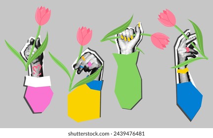 set of women's hands with flowers. Highlighted elegant female hands . Happy International Women's Day. Female power. Feminism. Modern vector illustration in a flat style. Pop art dots collage