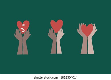 Las manos de las mujeres con el corazón. Conjunto vectorial de ilustraciones del logotipo de la mano. Ilustraciones para postales, redes sociales de estilo plano para el día de San Valentín. Corazón en las manos.