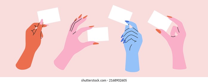 Set with women's hands holding a business card. Template with blank sheet of paper for your information.
Cool colorful design.
Hand drawn vector illustrations isolated on pink background.