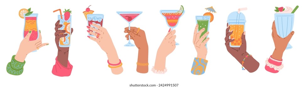 Set of women's hands holding different glasses with beverages flat style, vector illustration isolated on white background. Decorative design elements collection, summer cocktails