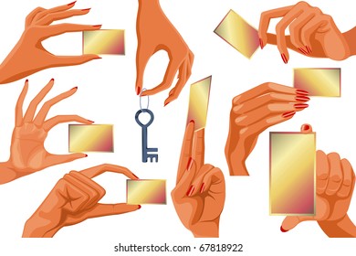 Set of women's hands holding empty business cards and key