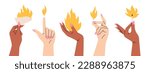Set with women's hands holding objects in flame, fire elements. Different gestures, cool jewelry and manicure. Nice design. Hand drawn vector illustrations isolated on white background.