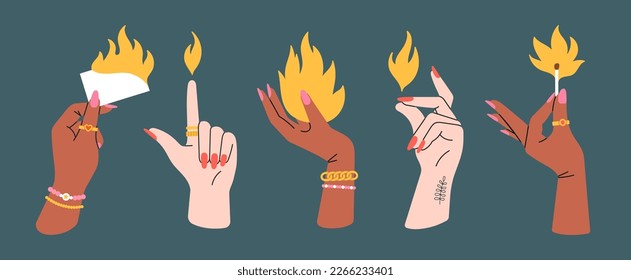 Con las manos de las mujeres sosteniendo objetos en llamas, elementos de fuego. Diferentes gestos, joyas frescas y manicura. Buen diseño. Ilustraciones vectoriales dibujadas a mano aisladas en fondo colorido.