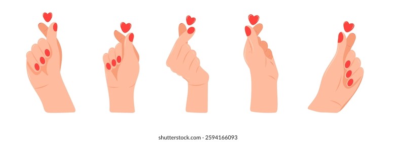 Set of women's hands showing the heart symbol with the fingers. Korean set of heart finger gestures. Heart finger symbol, a popular Korean gesture in the shape of a heart, for love and affection. Vect