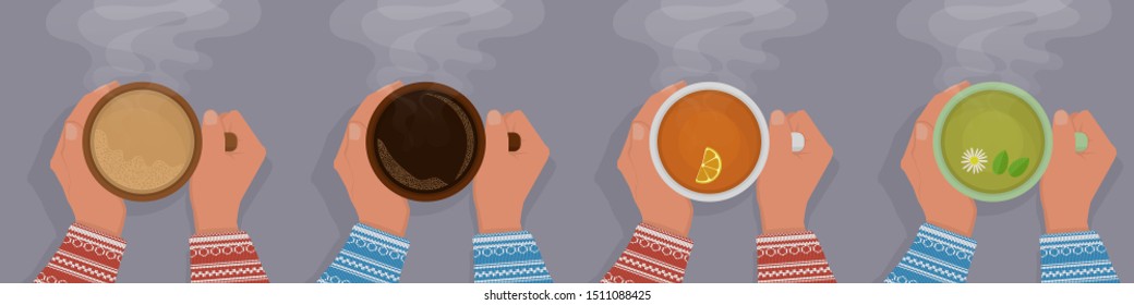 Set women's hands in a sweater are warming, a cup of black tea with a slice of lemon, hot chocolate, green tea with chamomile and mint, black coffee. View from above. With shadow. Evaporation. 