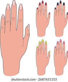  Conjunto de mãos de mulheres com várias manicuras coloridas isoladas no fundo branco	