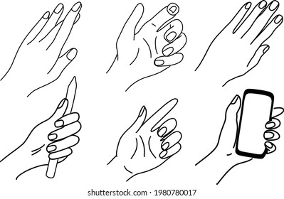 Set of women's hands. Vector line art. Minimalist design. Logo, poster.