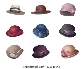 Set of women's hats on white background