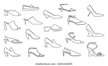 Set of women's heeled shoes line icons. Suitable for shoe brands, online stores and fashion bloggers.