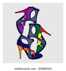 A set of women's high heels. Hand drawn vector illustration.