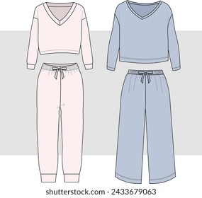 Conjunto de ropa de mujer. Boceto de moda. Pantalones cortos y rectos. Ilustración vectorial. pijama de manga larga, dibujo técnico, ropa de dormir plana, tee y pijama conjunto 2 piezas.