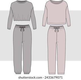 Conjunto de ropa de mujer. Boceto de moda. Pantalones cortos y rectos. Ilustración vectorial. pijama de manga larga, dibujo técnico, ropa de dormir plana, tee y pijama conjunto 2 piezas.