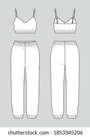 Set Of Women's Homewear. Fashion Sketch. Crop Top And Jogger Pants. Vector Illustration. Flat Technical Drawing. Mockup Template.