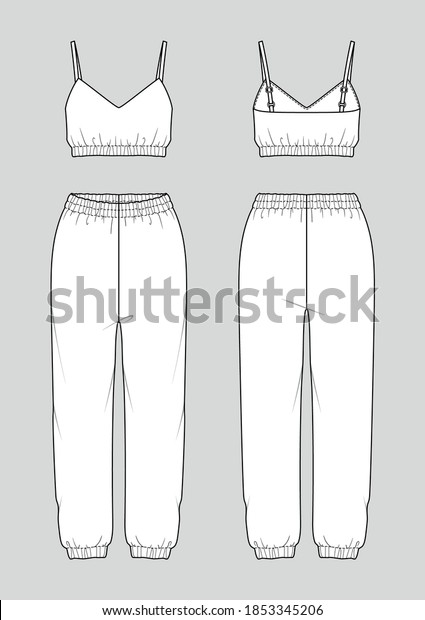 Set of women\'s homewear. Fashion sketch. Crop\
top and jogger pants. Vector illustration. Flat technical drawing.\
Mockup template.
