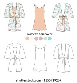 Set of women's homewear, sleepwear and underwear. bathrobe, nightgown, pyjama on white background. Cute pattern. Vector illustration