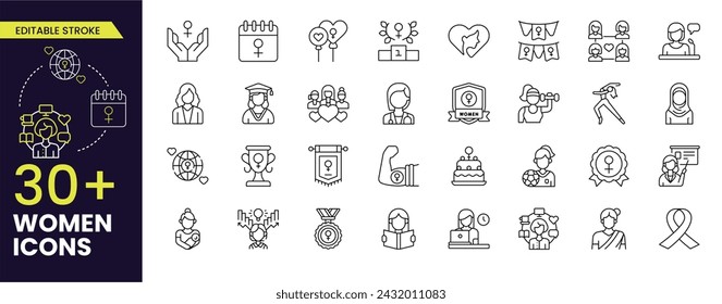 Conjunto de iconos de mujeres, iconos de trazo editable. 