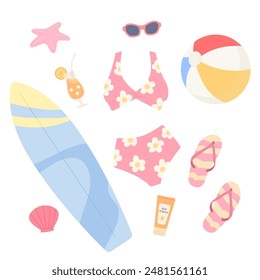 Set of women's items for summer vacation ; swimsuit, surfboard, sunglasses, beach ball, sandals, orange juice and sun screen. Concept of holiday, summer vibe, beach party. Flat vector illustration.