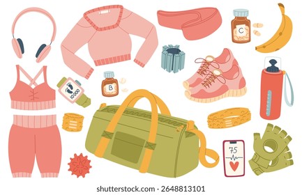 set of women's items for training, sports. Clothing, sneakers, bag, phone, water bottle, weights, bandage. Flat color illustration. For articles, blogs, fitness ads, healthy lifestyle, workouts, apps