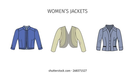 Set of women's jackets. Fashion illustration. Colorful sketch. Vector clip art.