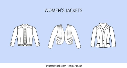 Set of women's jackets. Fashion illustration. Line sketch. Vector clip art.