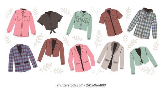 Set of womens jackets and shirts, vector collection on a white background. Illustration of jacket clothing, fashion shirt, apparel skirt drawing textile