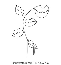 Set of women's lips of different shapes. One line drawing of abstract female lips, flower. Modern one-line art