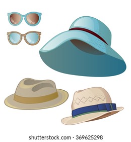 Sombrero de mujeres y hombres. Gafas de sol aisladas en un fondo blanco. Ilustración de cierre vectorial de caricatura.