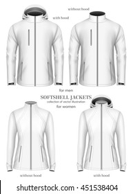 Set of women's and men's softshell jackets. Fully editable handmade mesh. Vector illustration.