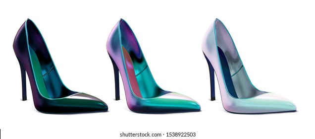 Set of women's multicolor shoes. Patent leather glossy shoes. Vector 3d realistic illustration isolated on white background.