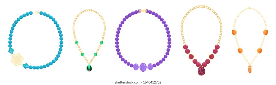 A set of women's necklaces made of beads, rhinestones and accessories. Flat vector illustration.