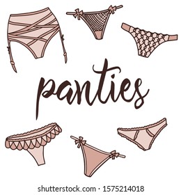 Set of women's panties.  Vector hand drawn illustration. Isolated on white background.