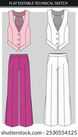 Conjunto de calças femininas e blusa com casaco de cintura, ilustração de esboço plano.