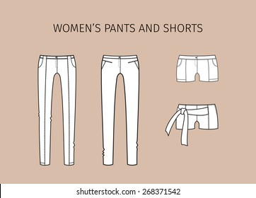 Set of women's pants and shorts. Fashion illustration. Line sketch. Vector clip art.
