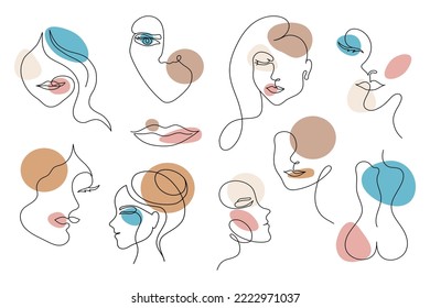 Set of women's portraits in the style of line art with colored spots. vector illustration