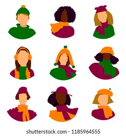 set of women's portraits in winter clothes