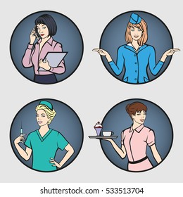 A set of women's professions . Female characters in different roles. Manager, nurse, waitress, stewardess. Vector illustration