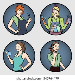 Set of women's professions . Female characters in different roles. Female professions. Hairstylist, cleaner, sportswoman, operator. Vector illustration