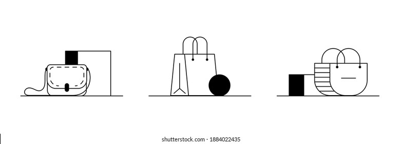 Set of women's purses icons. 3 outline vector icons of stylish women's purses, handbags. Black and white linear illustrations of fashionable accessories