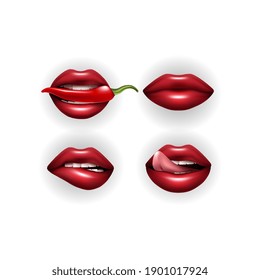 Conjunto de labios rojos de las mujeres con estilo boca ligeramente abierta aislado diseño de moda 3D realista.Labios con pimienta, úlceras, labios mordidos. ilustración vectorial