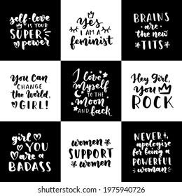 Set of women's rights quotes and phrases. Vector lettering about feminism, woman rights, motivational slogan. Women support and empower, care of yourself, self-care poster.