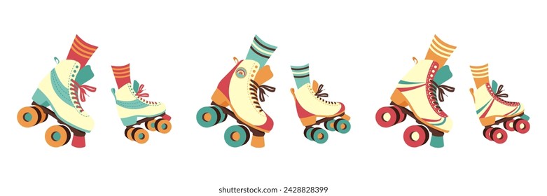 Set of women's roller skates. vector illustration in 90s style.