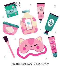 Set of women's self-care products in cartoon style. Vector illustration of different girl accessories: sleeping bandage, face cream, eye cream, body lotion, lip balm, brush on white background.