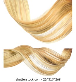Set of women's shiny wavy curls of hair in blond color isolated on a white background. Vector 3d illustration.